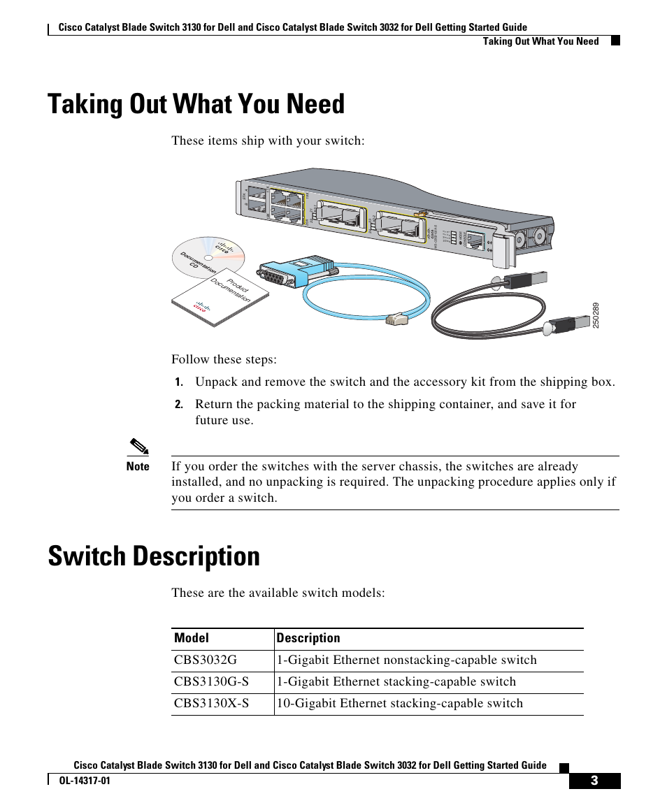 Taking out what you need, Switch description, These are the available switch models | Cisco 3032 User Manual | Page 3 / 34