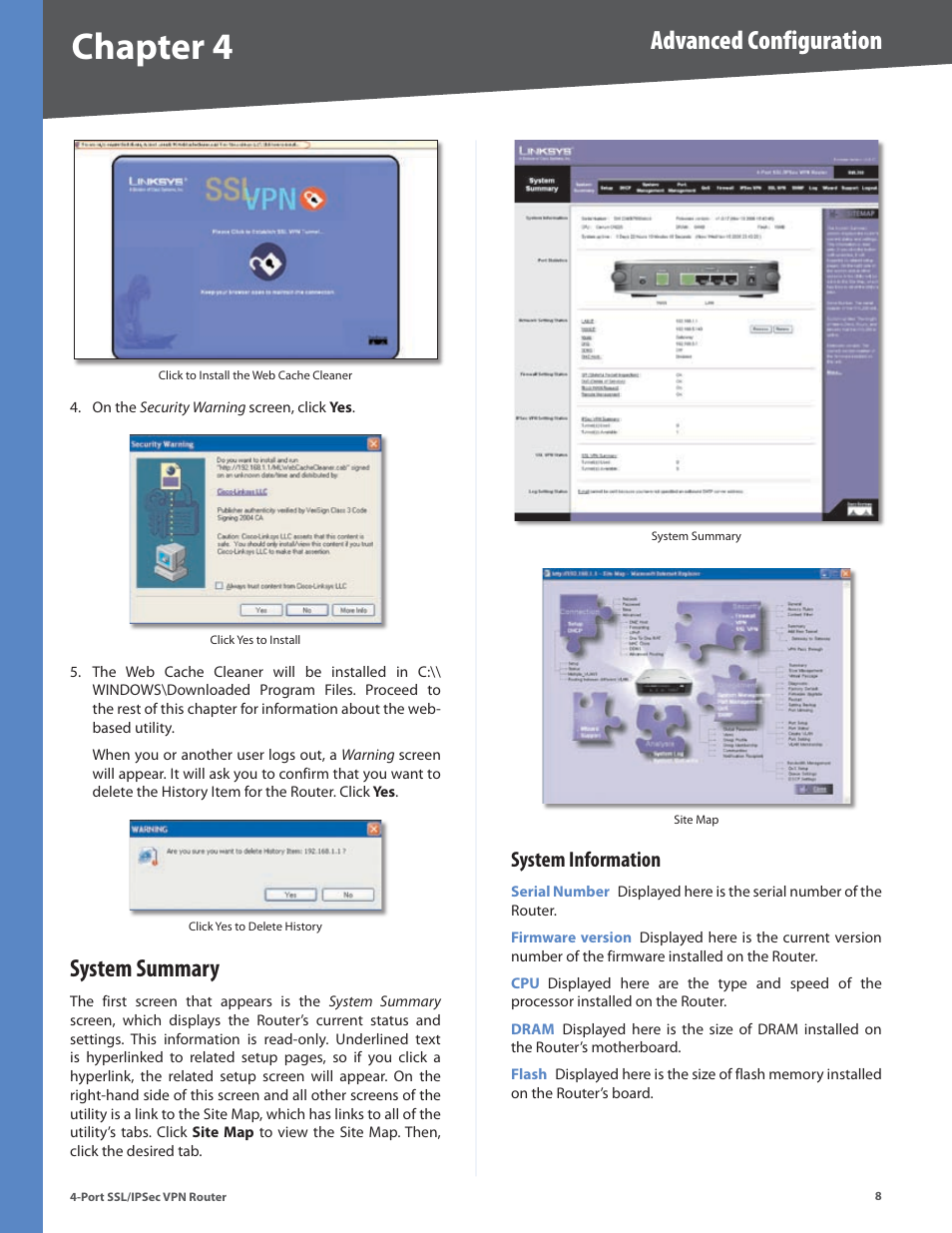 System summary, System information, Chapter 4 | Advanced configuration | Cisco 4-Port SSL/IPSec VPN Router RVL200 User Manual | Page 16 / 117