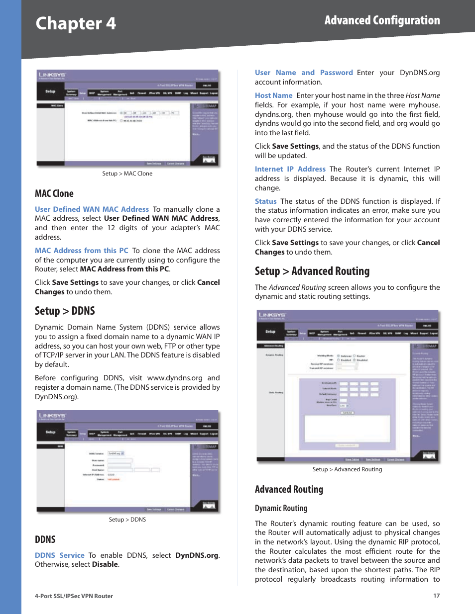 Mac clone, Setup > ddns, Ddns | Setup > advanced routing, Advanced routing, Chapter 4, Advanced configuration | Cisco 4-Port SSL/IPSec VPN Router RVL200 User Manual | Page 25 / 117