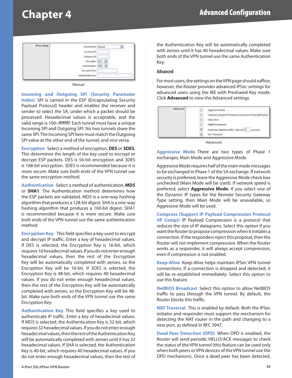 Chapter 4, Advanced configuration | Cisco 4-Port SSL/IPSec VPN Router RVL200 User Manual | Page 47 / 117