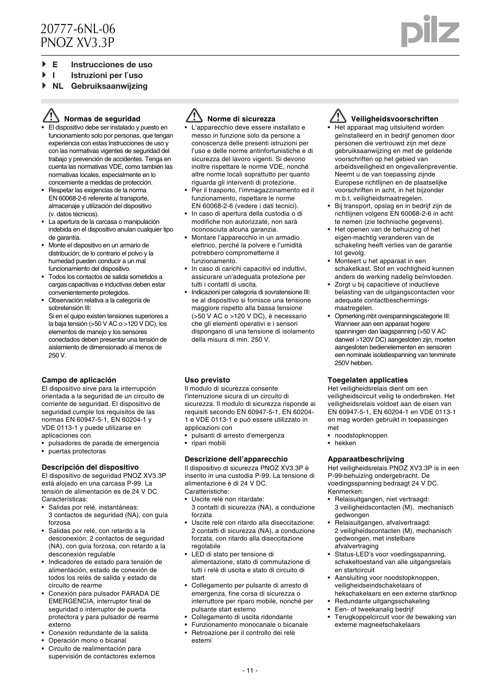 Pilz PNOZ XV3.3P 30/24VDC 3n/o 2n/o t User Manual | Page 11 / 20