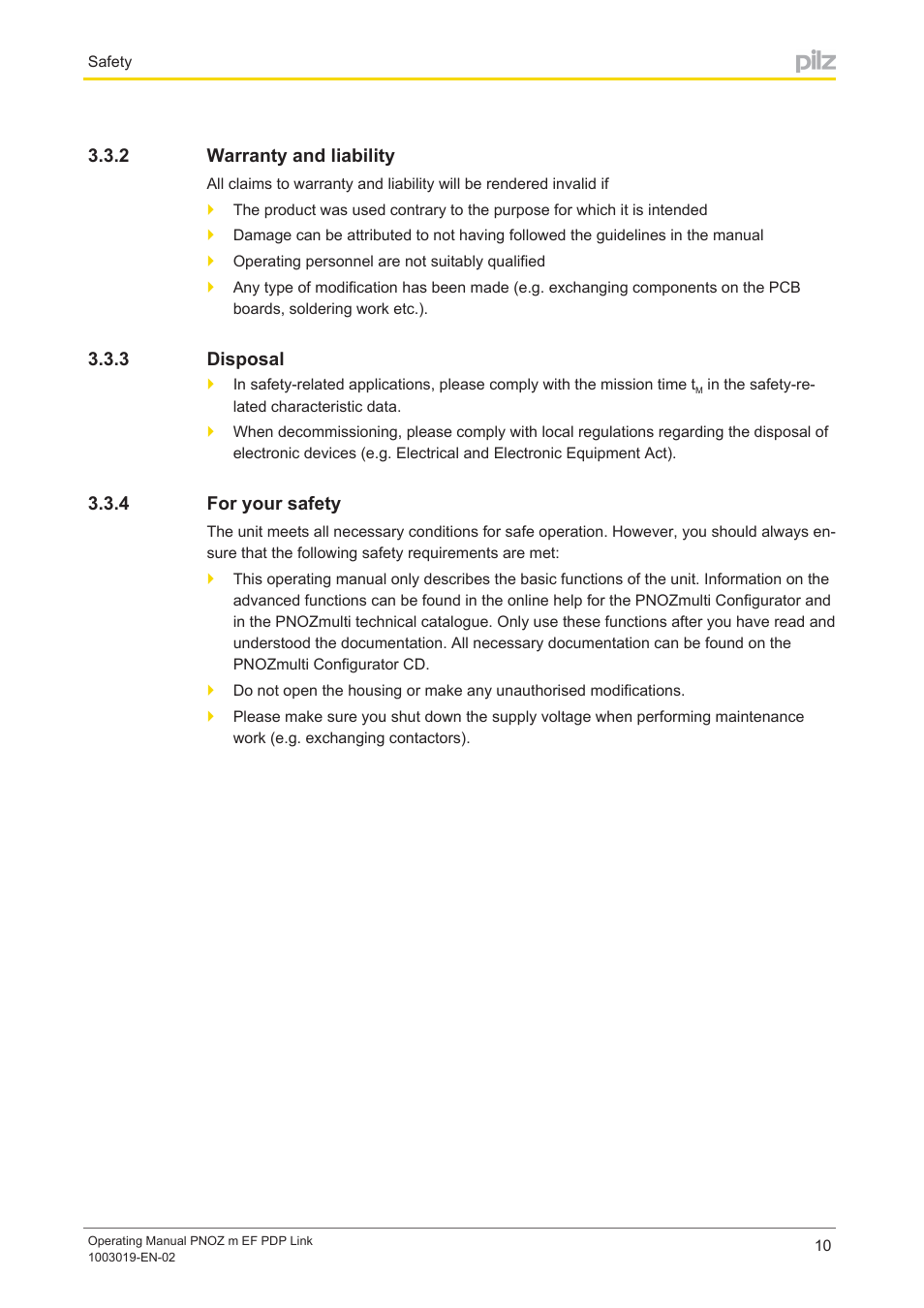 2 warranty and liability, 3 disposal, 4 for your safety | Warranty and liability, Disposal, For your safety | Pilz PNOZ m EF PDP Link User Manual | Page 10 / 27