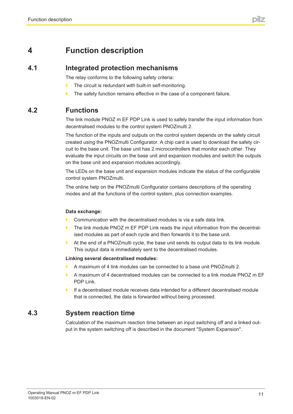 4 function description, 1 integrated protection mechanisms, 2 functions | 3 system reaction time, Section 4, Function description, Integrated protection mechanisms, Functions, System reaction time, 4function description | Pilz PNOZ m EF PDP Link User Manual | Page 11 / 27