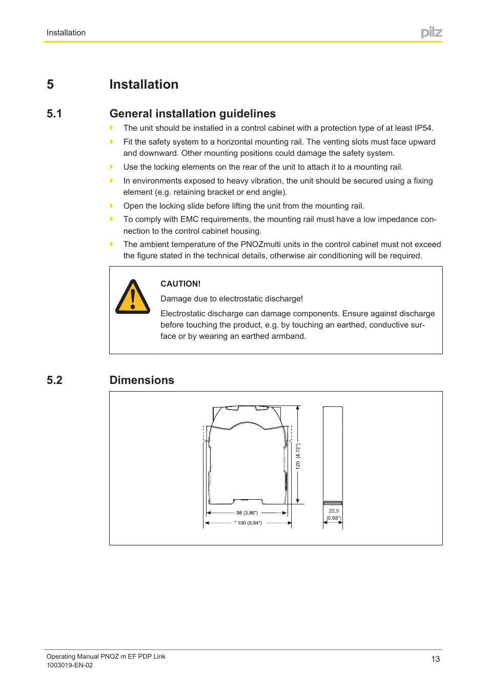 5 installation, 1 general installation guidelines, 2 dimensions | Section 5, Installation, General installation guidelines, Dimensions, 5installation | Pilz PNOZ m EF PDP Link User Manual | Page 13 / 27