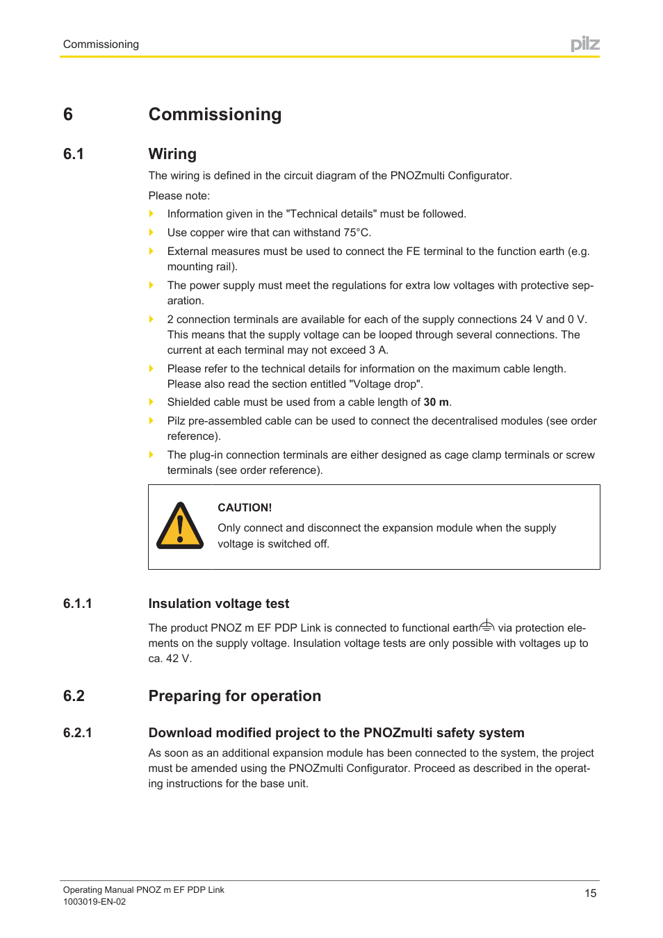 6 commissioning, 1 wiring, 1 insulation voltage test | 2 preparing for operation, Section 6, Commissioning, Wiring, Insulation voltage test, Preparing for operation, 6commissioning | Pilz PNOZ m EF PDP Link User Manual | Page 15 / 27