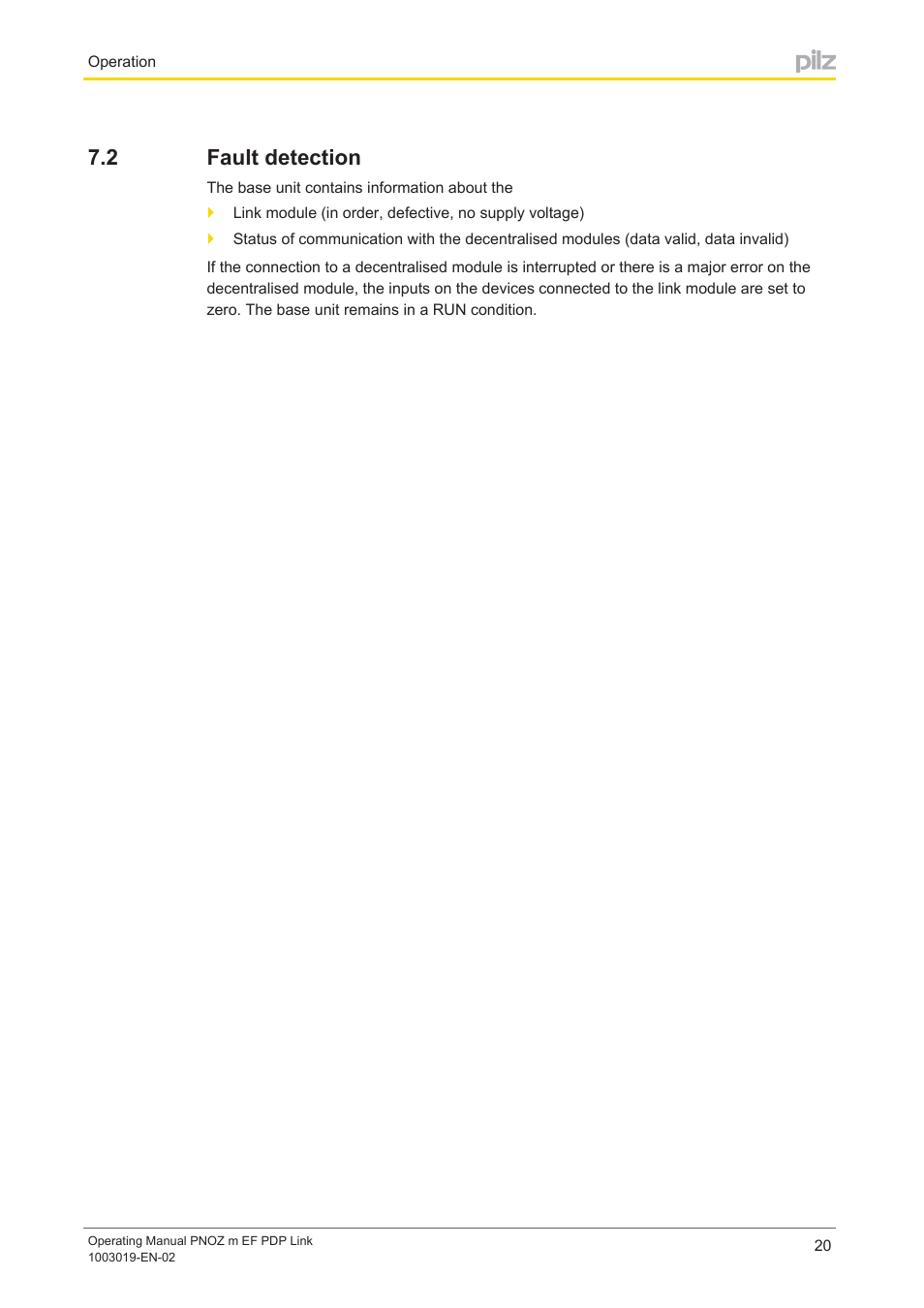 2 fault detection, Fault detection | Pilz PNOZ m EF PDP Link User Manual | Page 20 / 27