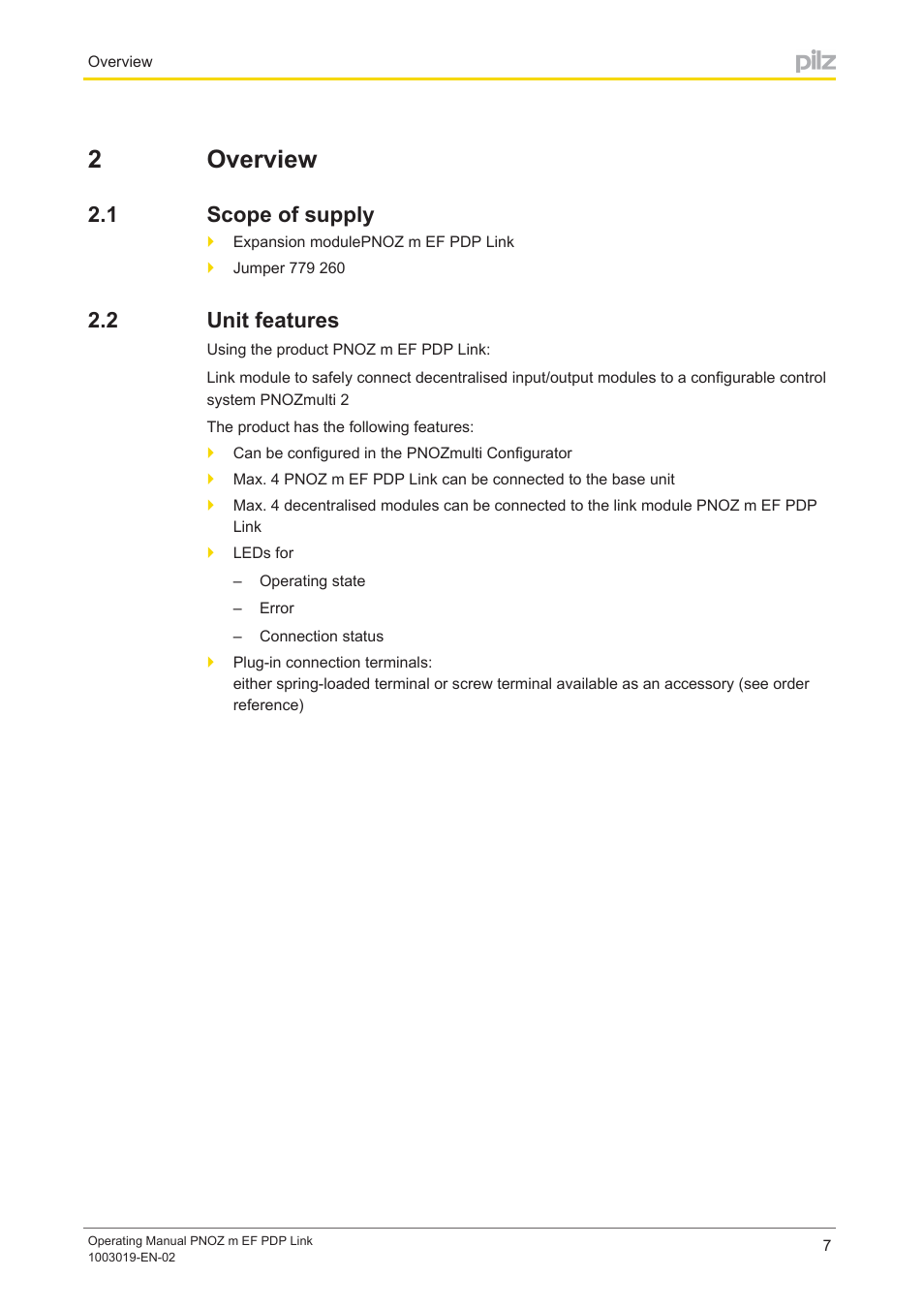 2 overview, 1 scope of supply, 2 unit features | Section 2, Overview, Scope of supply, Unit features, 2overview | Pilz PNOZ m EF PDP Link User Manual | Page 7 / 27
