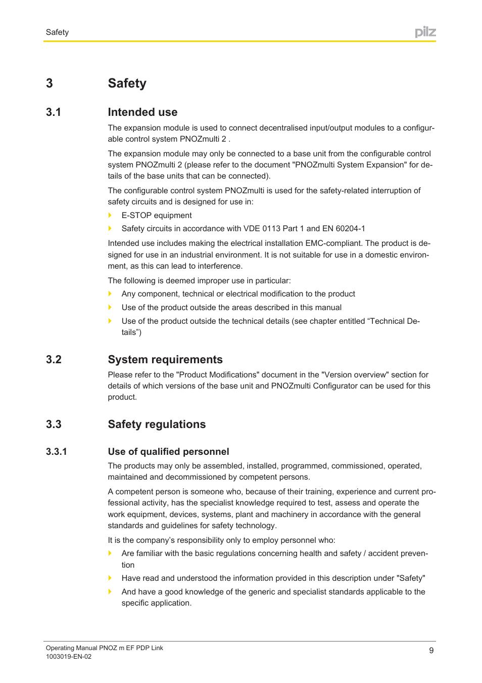 3 safety, 1 intended use, 2 system requirements | 3 safety regulations, 1 use of qualified personnel, Section 3, Safety, Intended use, System requirements, Safety regulations | Pilz PNOZ m EF PDP Link User Manual | Page 9 / 27