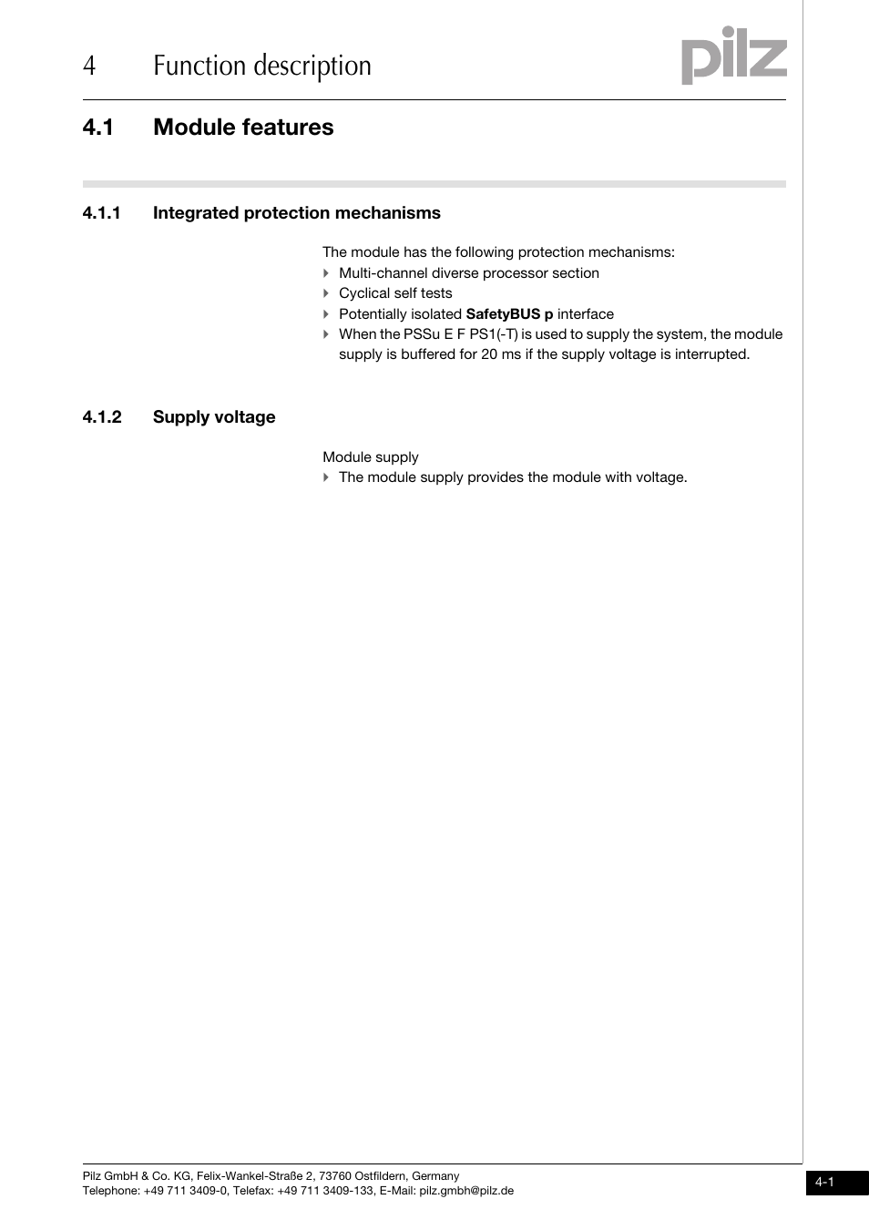 Function description, Module features, Integrated protection mechanisms | Supply voltage, 4function description, 1 module features, 1 integrated protection mechanisms, 2 supply voltage | Pilz PSSu H SB User Manual | Page 15 / 33