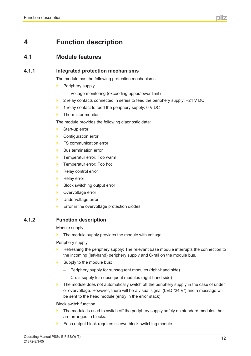 4 function description, 1 module features, 1 integrated protection mechanisms | 2 function description, Section 4, Function description, Module features, Integrated protection mechanisms | Pilz PSSu E F BSW User Manual | Page 12 / 34