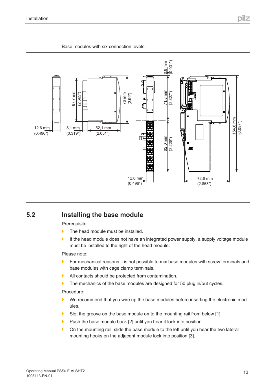 2 installing the base module, Installing the base module | Pilz PSSu E AI SHT2 User Manual | Page 13 / 26