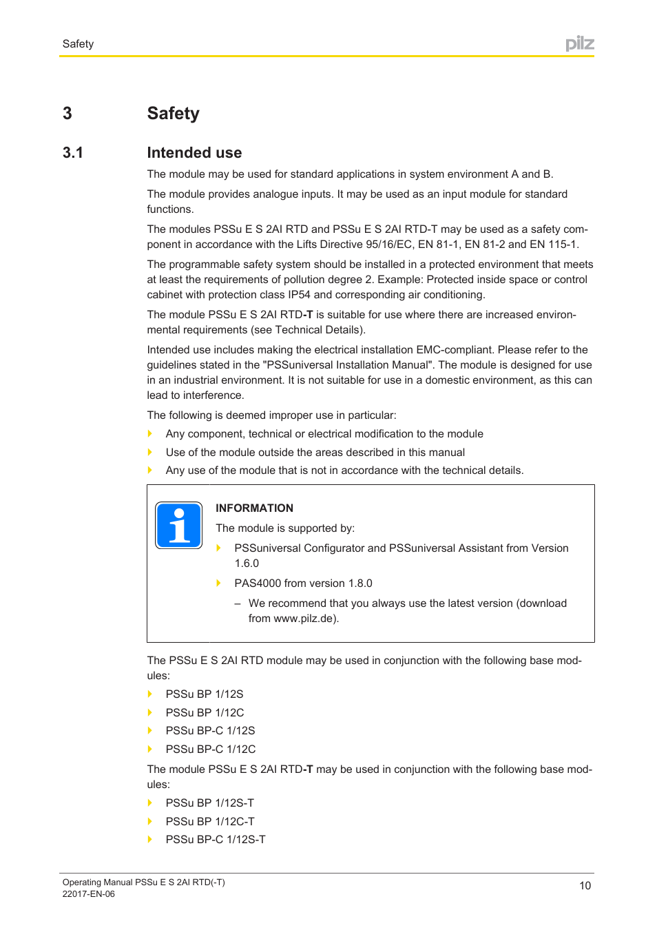 3 safety, 1 intended use, Section 3 | Safety, Intended use, 3safety | Pilz PSSu E S 2AI RTD User Manual | Page 10 / 39