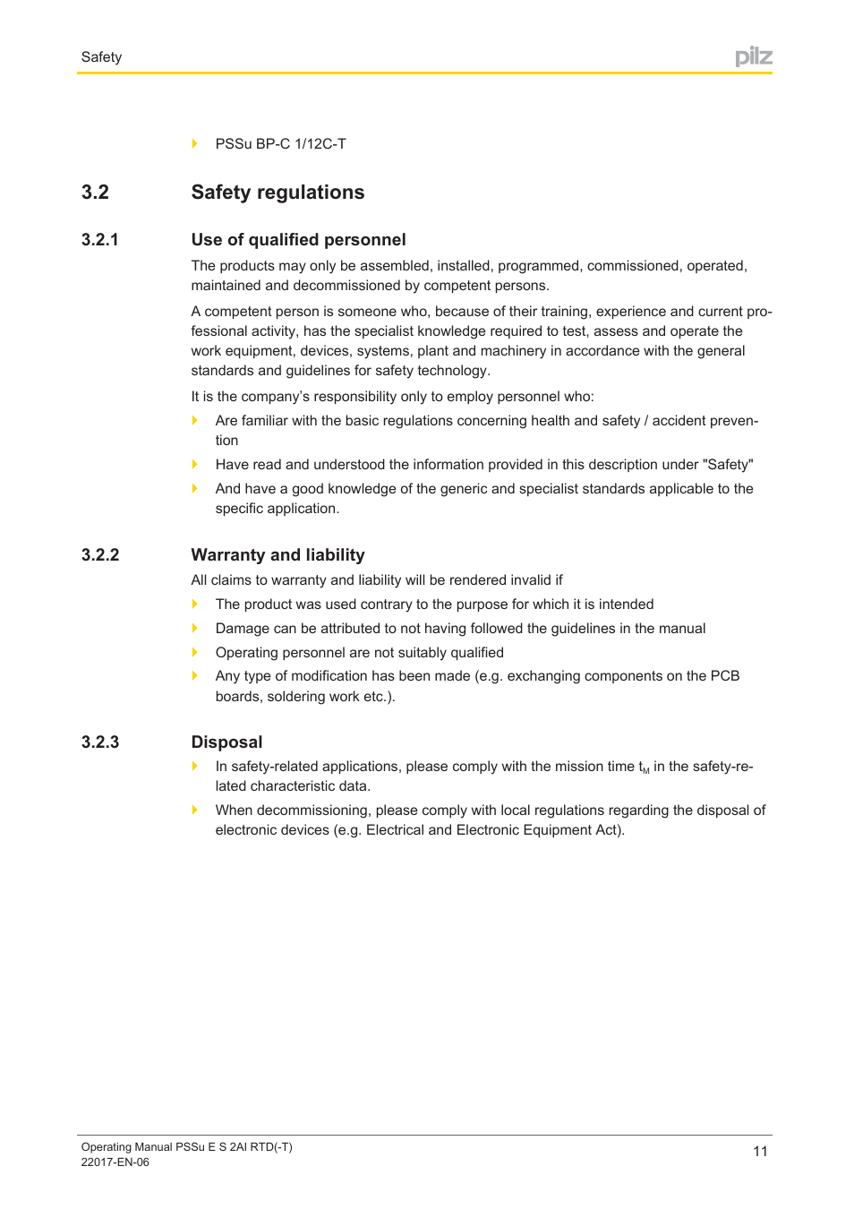 2 safety regulations, 1 use of qualified personnel, 2 warranty and liability | 3 disposal, Safety regulations, Use of qualified personnel, Warranty and liability, Disposal | Pilz PSSu E S 2AI RTD User Manual | Page 11 / 39