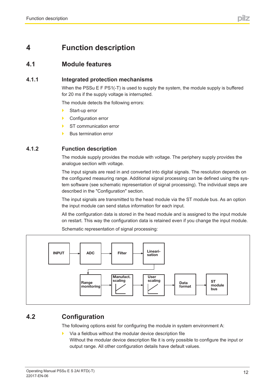 4 function description, 1 module features, 1 integrated protection mechanisms | 2 function description, 2 configuration, Section 4, Function description, Module features, Integrated protection mechanisms, Configuration | Pilz PSSu E S 2AI RTD User Manual | Page 12 / 39