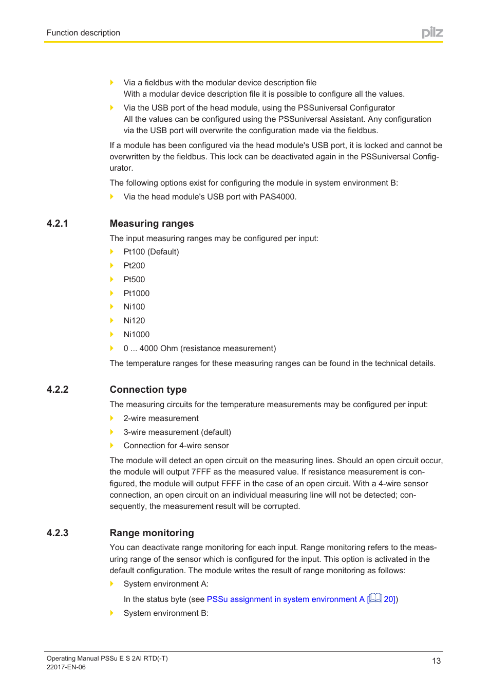 1 measuring ranges, 2 connection type, 3 range monitoring | Measuring ranges, Connection type, Range monitoring | Pilz PSSu E S 2AI RTD User Manual | Page 13 / 39