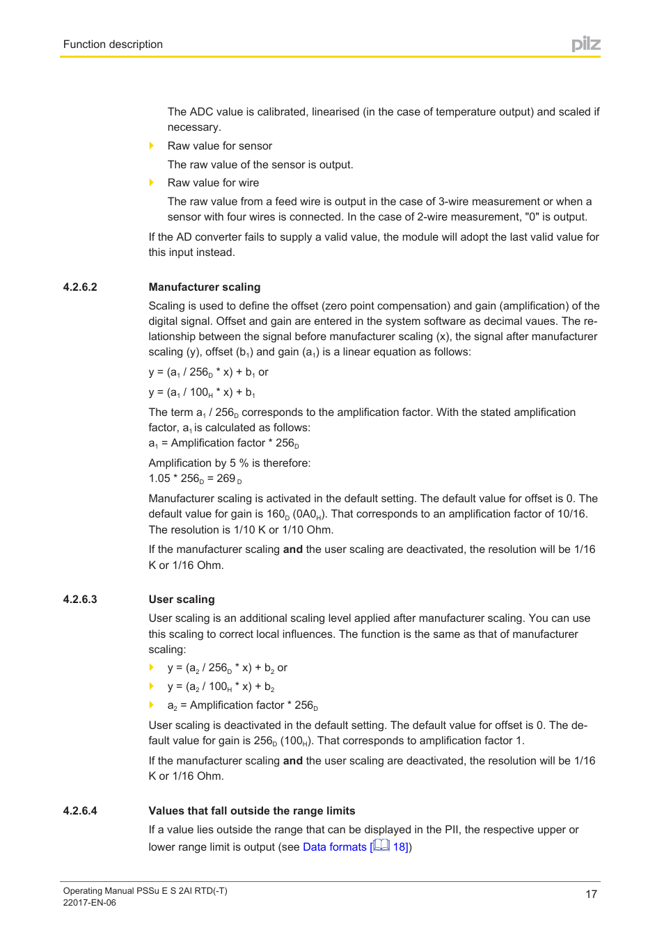 2 manufacturer scaling, 3 user scaling, 4 values that fall outside the range limits | Manufacturer scaling, User scaling, Values that fall outside the range limits | Pilz PSSu E S 2AI RTD User Manual | Page 17 / 39
