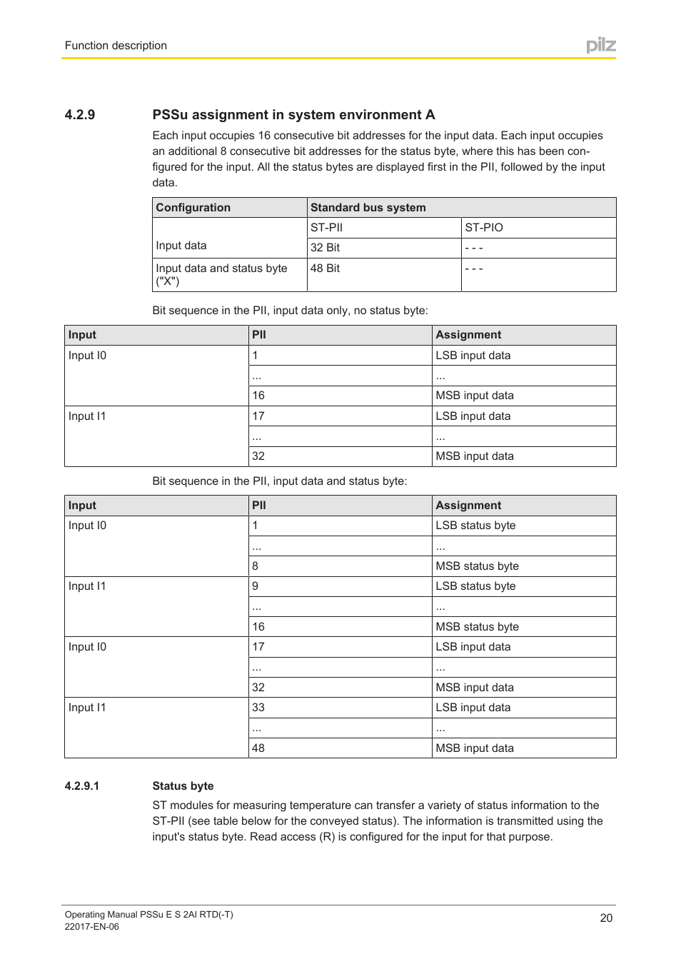 9 pssu assignment in system environment a, 1 status byte, Pssu assignment in system environment a | Status byte | Pilz PSSu E S 2AI RTD User Manual | Page 20 / 39
