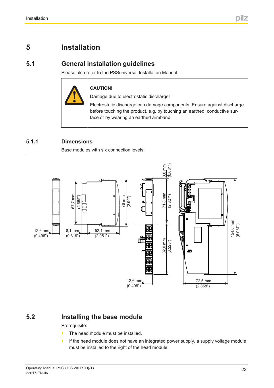 5 installation, 1 general installation guidelines, 1 dimensions | 2 installing the base module, Section 5, Installation, General installation guidelines, Dimensions, Installing the base module, 5installation | Pilz PSSu E S 2AI RTD User Manual | Page 22 / 39