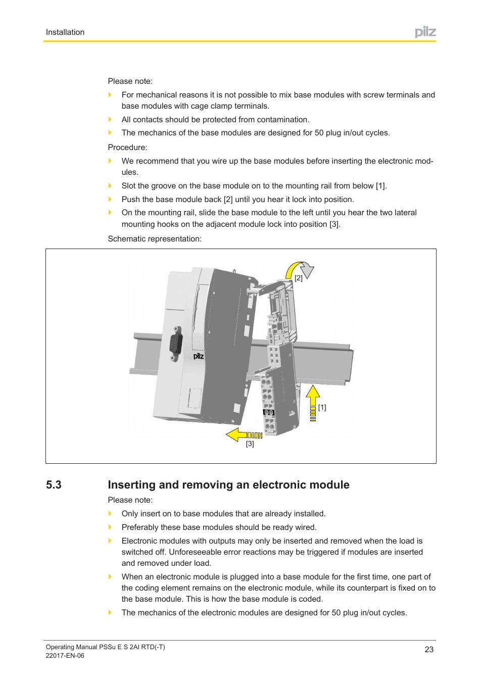 3 inserting and removing an electronic module, Inserting and removing an electronic module | Pilz PSSu E S 2AI RTD User Manual | Page 23 / 39