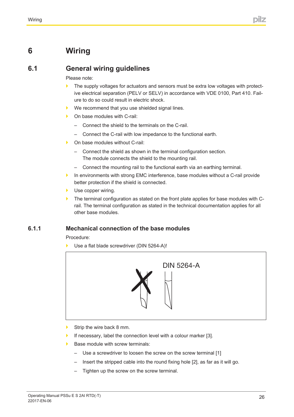 6 wiring, 1 general wiring guidelines, 1 mechanical connection of the base modules | Section 6, Wiring, General wiring guidelines, Mechanical connection of the base modules, 6wiring, Din 5264-a | Pilz PSSu E S 2AI RTD User Manual | Page 26 / 39