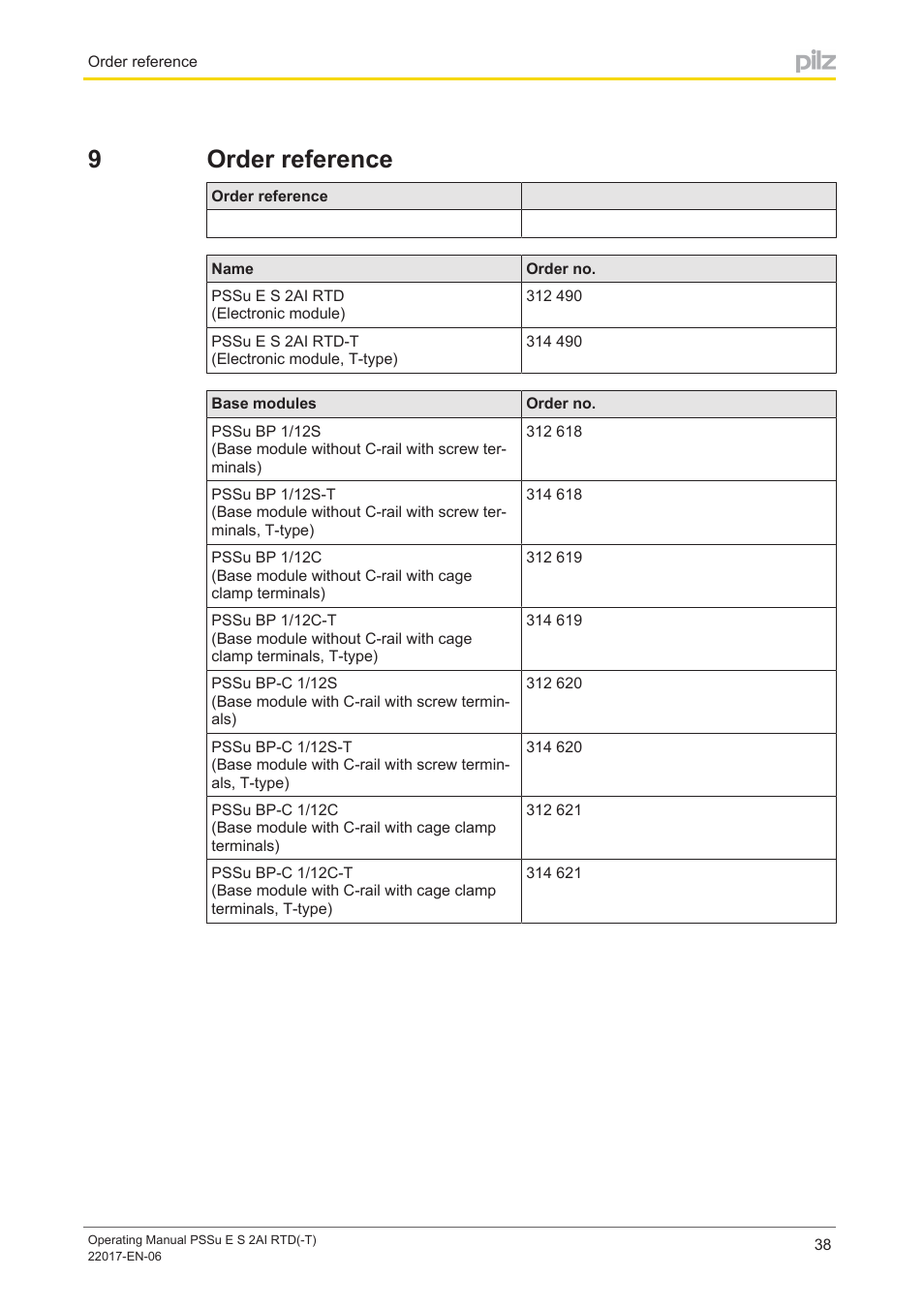 9 order reference, Section 9, Order reference | 9order reference | Pilz PSSu E S 2AI RTD User Manual | Page 38 / 39