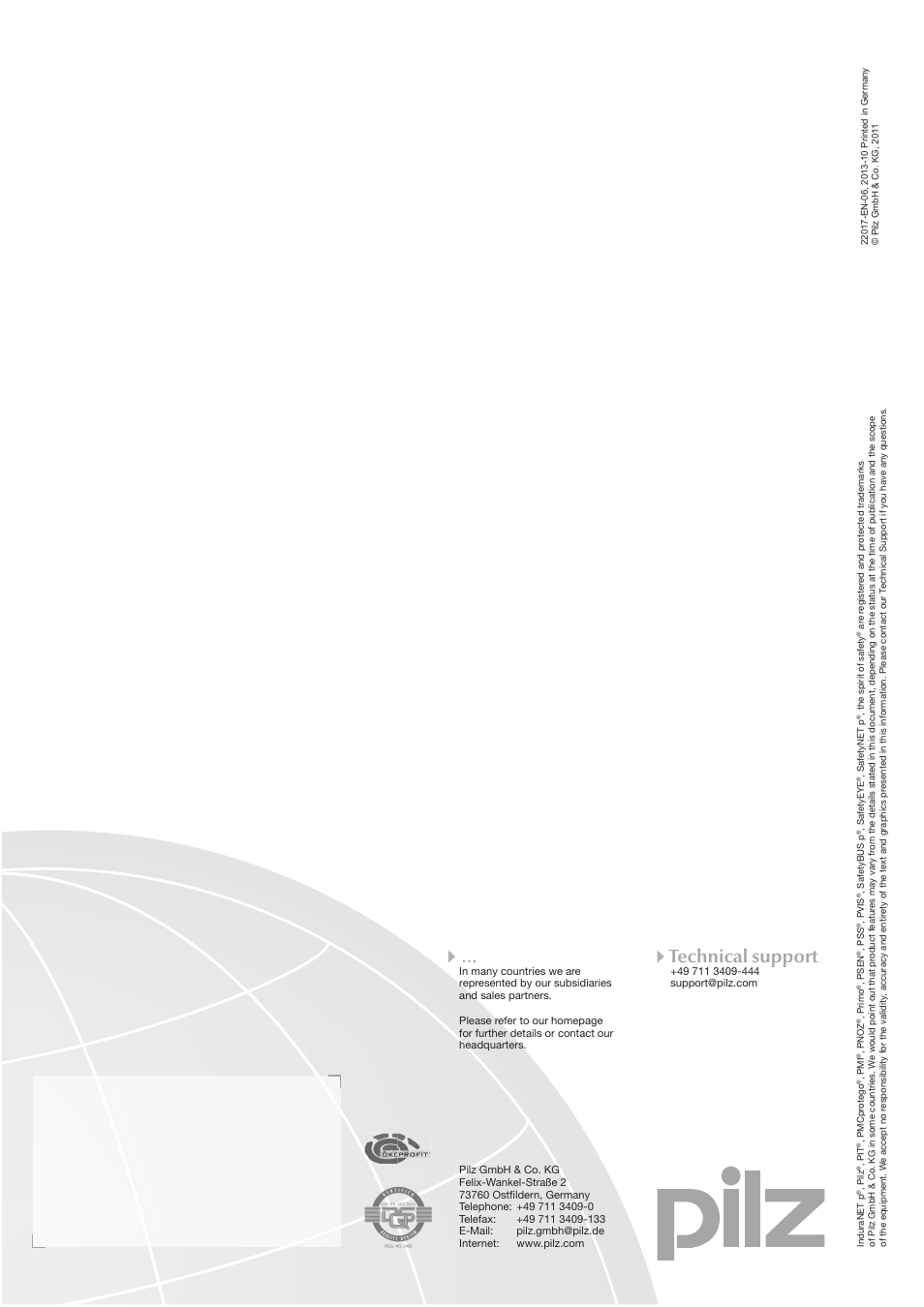 Contact address, Technical support, Front cover | Pilz PSSu E S 2AI RTD User Manual | Page 39 / 39