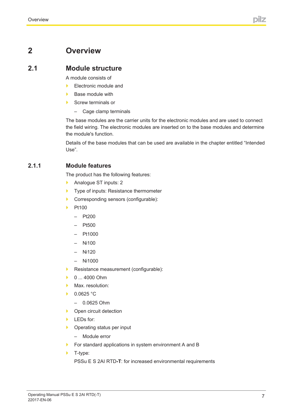 2 overview, 1 module structure, 1 module features | Section 2, Overview, Module structure, Module features, 2overview | Pilz PSSu E S 2AI RTD User Manual | Page 7 / 39
