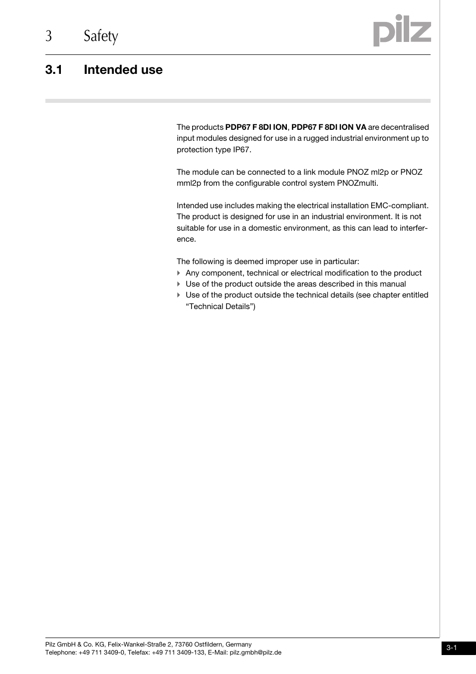 Safety, Intended use, 3safety | 1 intended use | Pilz PDP67 F 8DI ION User Manual | Page 11 / 32