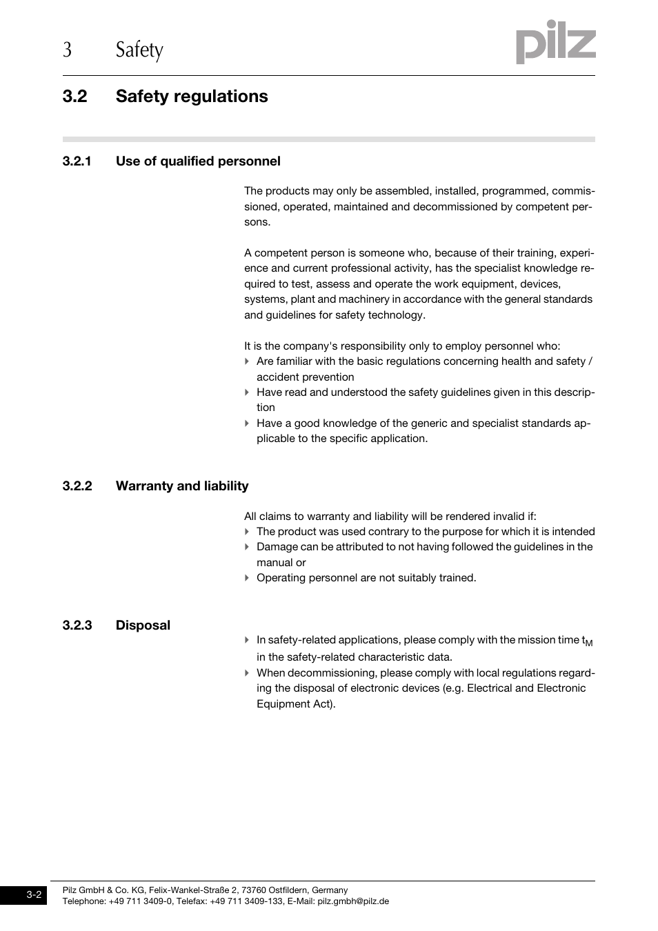 Safety regulations, 1 use of qualified personnel, 2 warranty and liability | 3 disposal, 3safety, 2 safety regulations | Pilz PDP67 F 8DI ION User Manual | Page 12 / 32