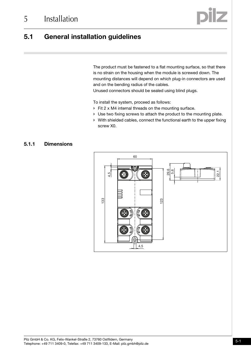 Installation, General installation guidelines, 1 dimensions | 5installation, 1 general installation guidelines | Pilz PDP67 F 8DI ION User Manual | Page 15 / 32
