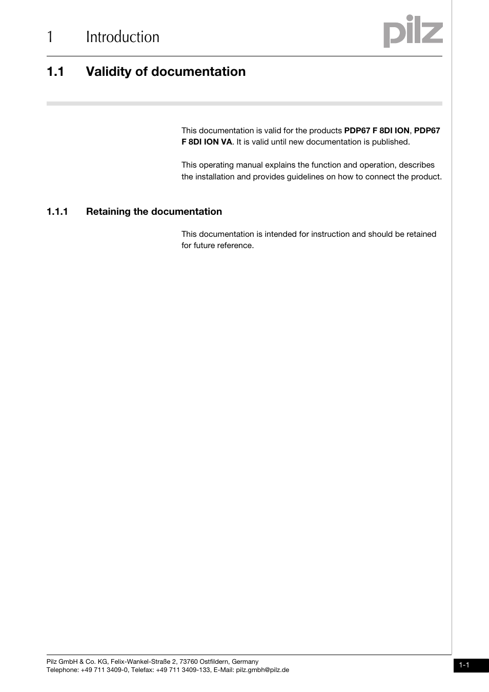 Introduction, Validity of documentation, 1 retaining the documentation | 1introduction, 1 validity of documentation | Pilz PDP67 F 8DI ION User Manual | Page 5 / 32