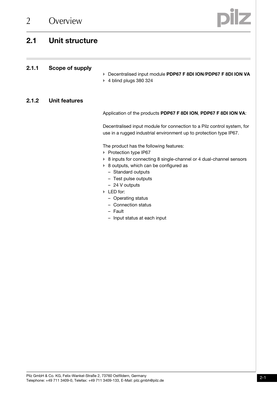 Overview, Unit structure, 1 scope of supply | 2 unit features, 2overview, 1 unit structure, The product has the following features, Protection type ip67 | Pilz PDP67 F 8DI ION User Manual | Page 9 / 32