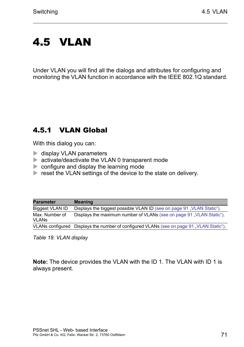 Vlan 71 4.5.1 vlan global, 5 vlan, 1 vlan global | Pilz PSSnet SHL 8T MRP User Manual | Page 71 / 156