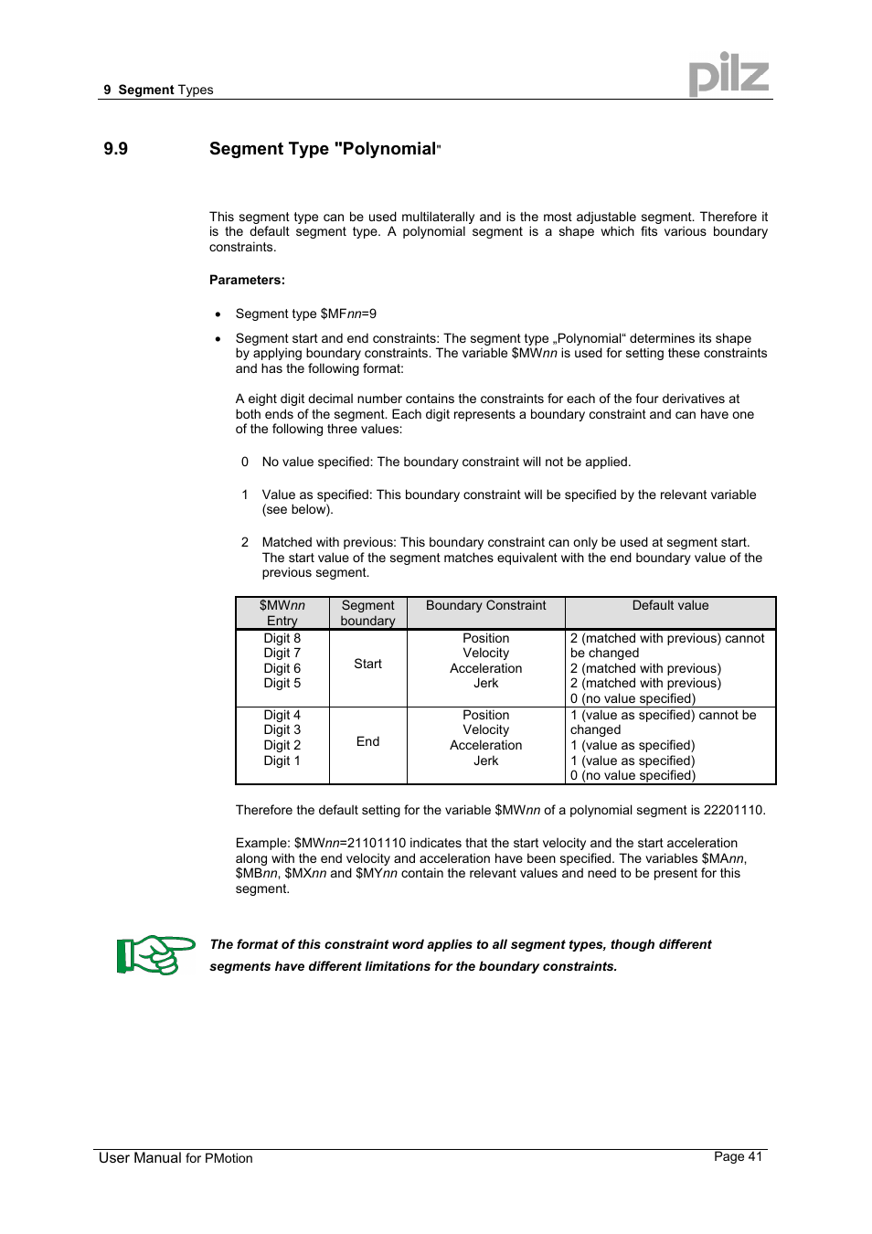 9 segment type "polynomial | Pilz PMCprimo 16+.00/0/1/6/4 User Manual | Page 41 / 56