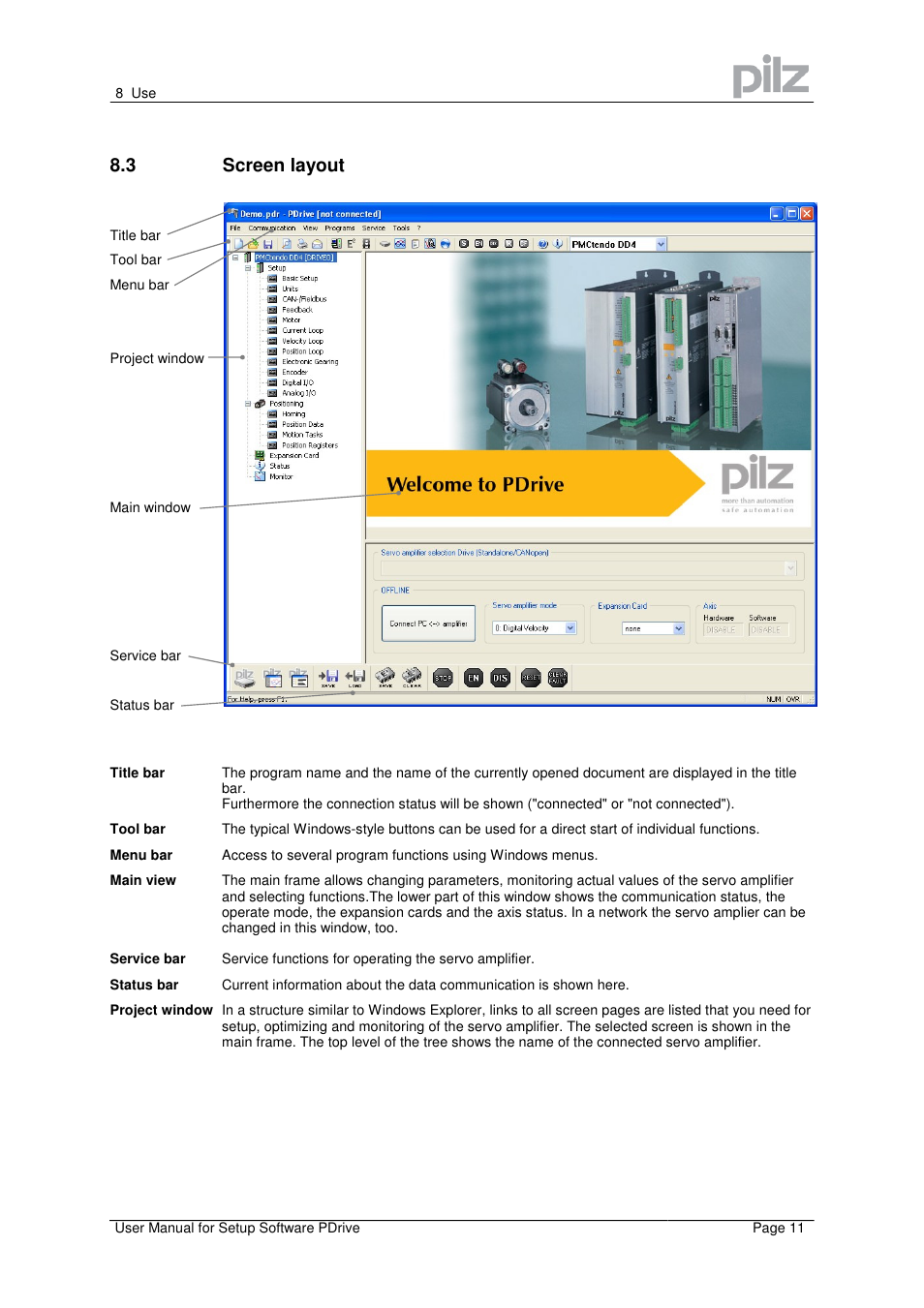 3 screen layout | Pilz PMCprimo Drive2.01/21/5/230-480V User Manual | Page 11 / 56