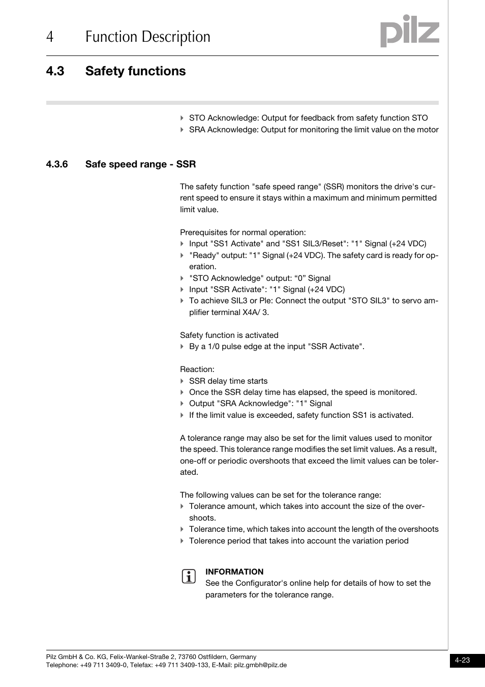 Safe speed range - ssr, 4function description, 3 safety functions | 6 safe speed range - ssr | Pilz PMCprimo DriveP.01/AA0/4/0/0/208-480VAC User Manual | Page 41 / 101