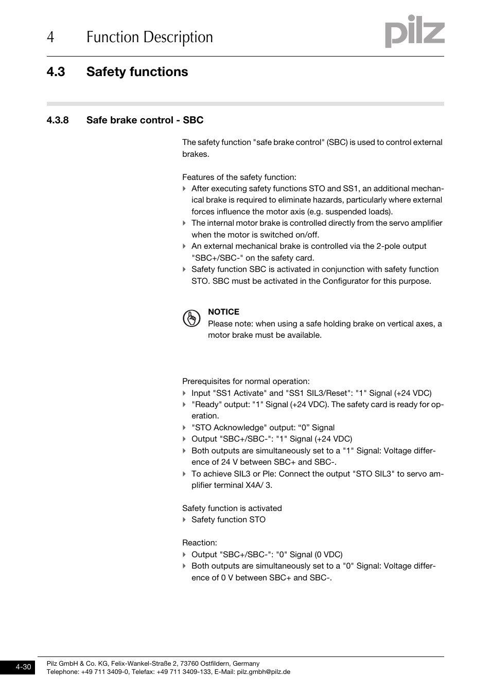 Safe brake control - sbc, 4function description, 3 safety functions | 8 safe brake control - sbc | Pilz PMCprimo DriveP.01/AA0/4/0/0/208-480VAC User Manual | Page 48 / 101