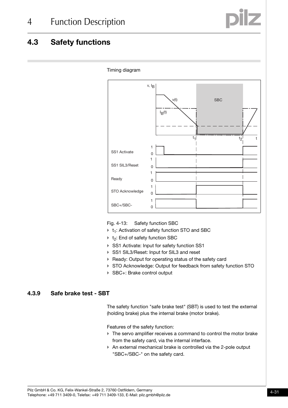 Safe brake test - sbt, 4function description, 3 safety functions | 9 safe brake test - sbt | Pilz PMCprimo DriveP.01/AA0/4/0/0/208-480VAC User Manual | Page 49 / 101