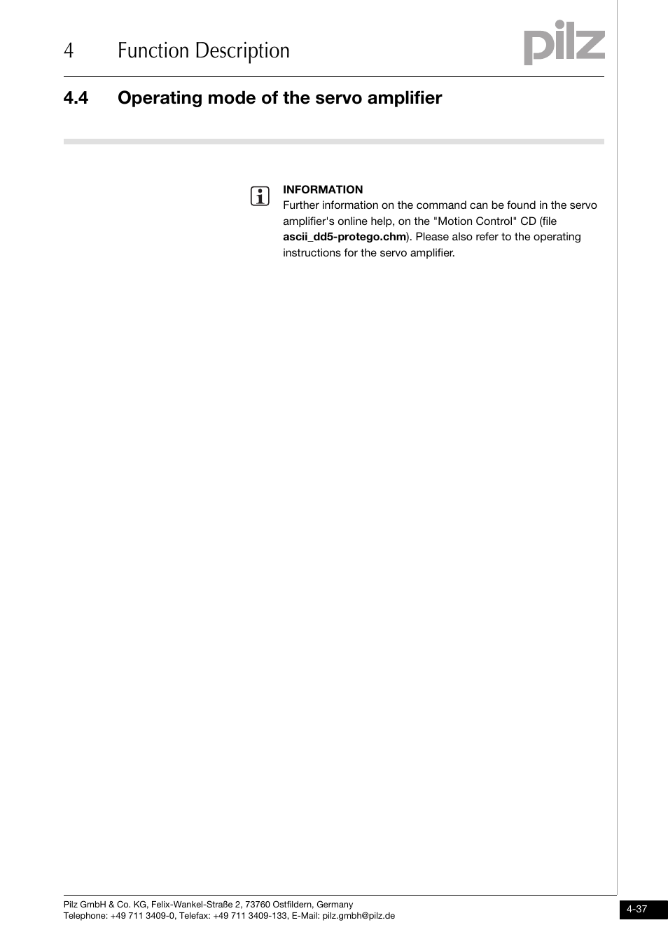 4function description, 4 operating mode of the servo amplifier | Pilz PMCprimo DriveP.01/AA0/4/0/0/208-480VAC User Manual | Page 55 / 101