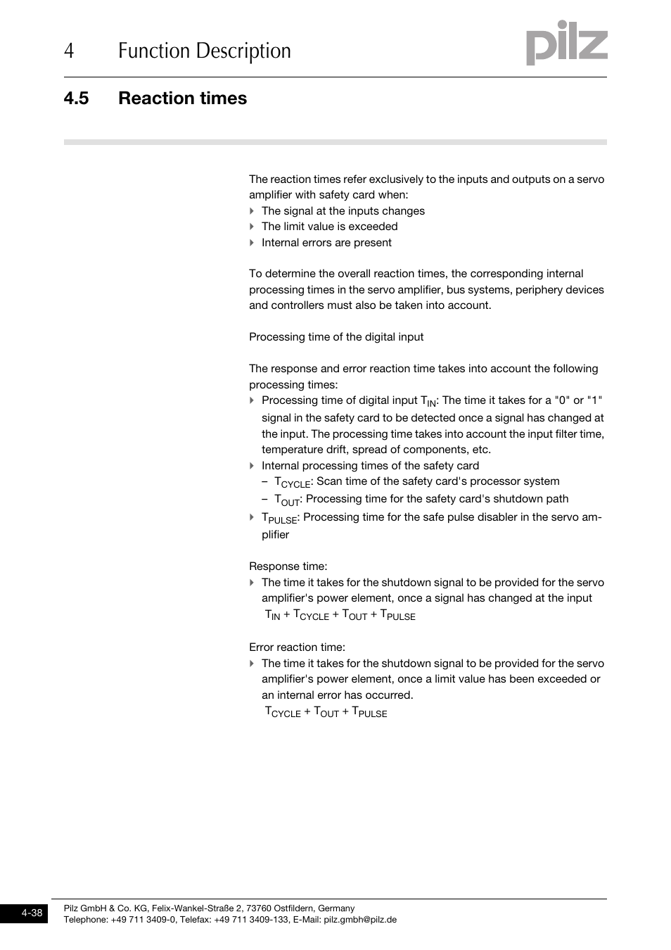 Reaction times, 4function description, 5 reaction times | Pilz PMCprimo DriveP.01/AA0/4/0/0/208-480VAC User Manual | Page 56 / 101