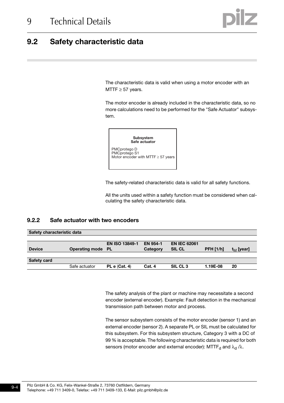 Safe actuator with two encoders, 9technical details, 2 safety characteristic data | 2 safe actuator with two encoders | Pilz PMCprimo DriveP.01/AA0/4/0/0/208-480VAC User Manual | Page 96 / 101