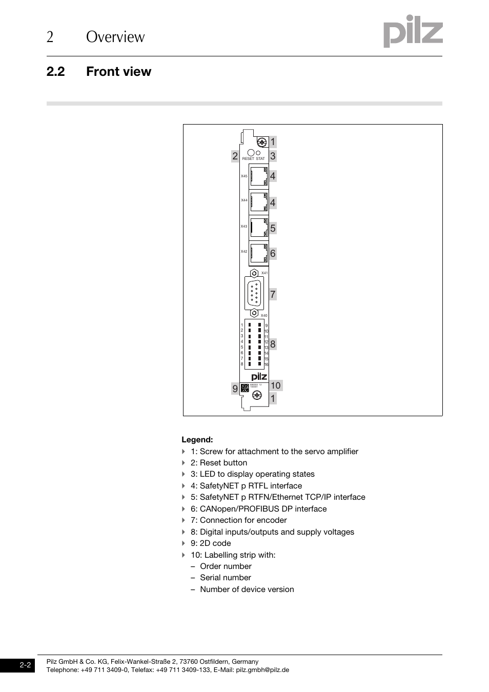 Front view, 2overview, 2 front view | Pilz PMCprimo DriveP.01/AA0/4/0/0/208-480VAC User Manual | Page 12 / 73