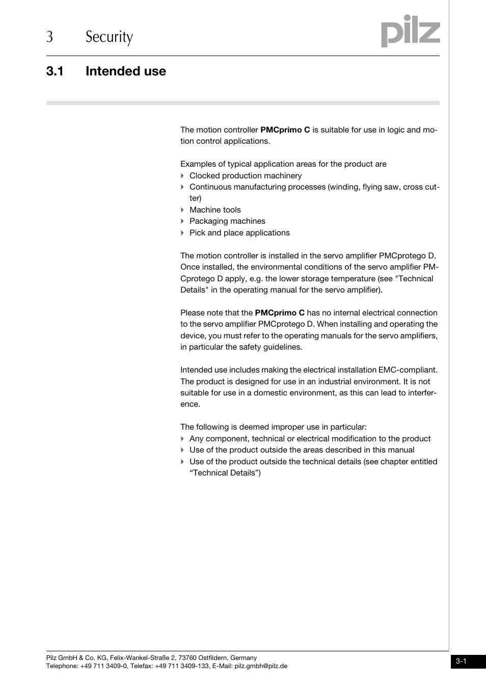 Security, Intended use, 3security | 1 intended use | Pilz PMCprimo DriveP.01/AA0/4/0/0/208-480VAC User Manual | Page 15 / 73