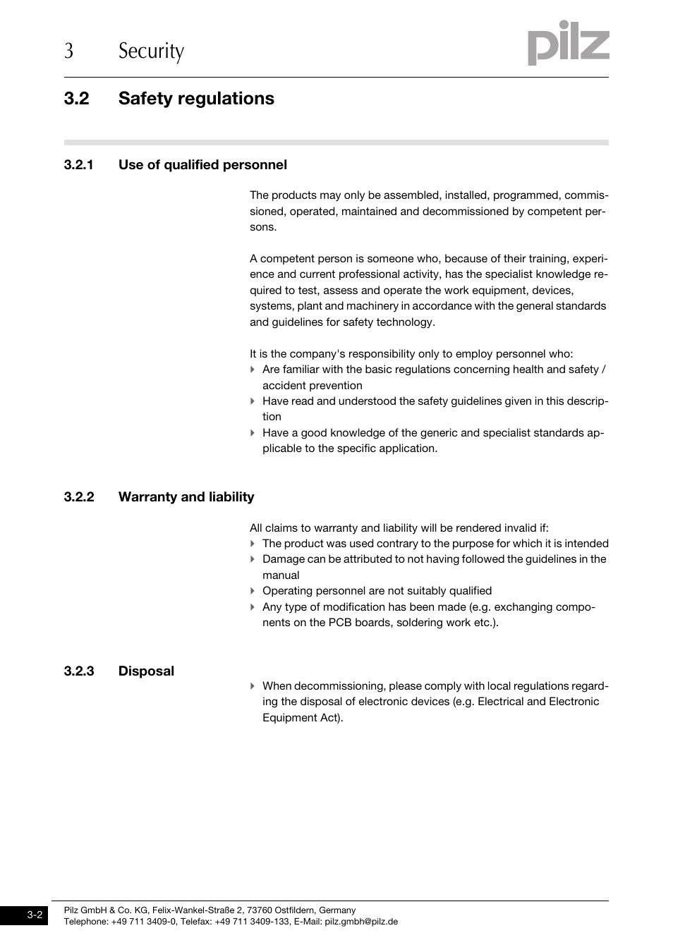 Safety regulations, Use of qualified personnel, Warranty and liability | Disposal, 3security, 2 safety regulations, 1 use of qualified personnel, 2 warranty and liability, 3 disposal | Pilz PMCprimo DriveP.01/AA0/4/0/0/208-480VAC User Manual | Page 16 / 73