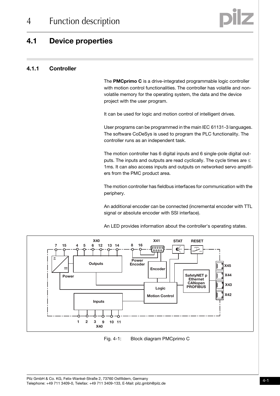 Function description, Device properties, Controller | 4function description, 1 device properties, 1 controller | Pilz PMCprimo DriveP.01/AA0/4/0/0/208-480VAC User Manual | Page 19 / 73
