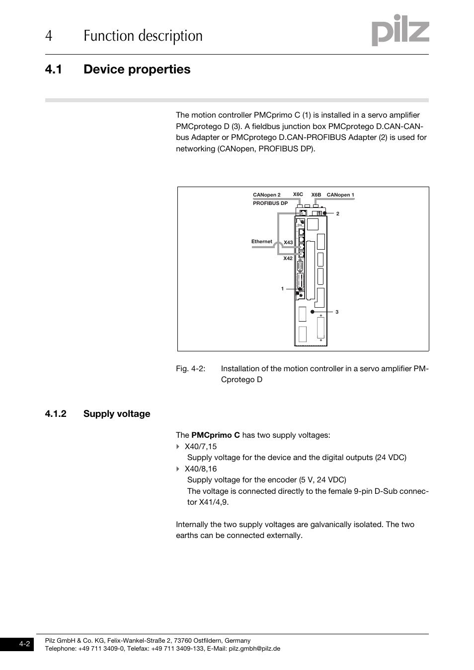 Supply voltage, 4function description, 1 device properties | 2 supply voltage, The pmcprimo c has two supply voltages | Pilz PMCprimo DriveP.01/AA0/4/0/0/208-480VAC User Manual | Page 20 / 73