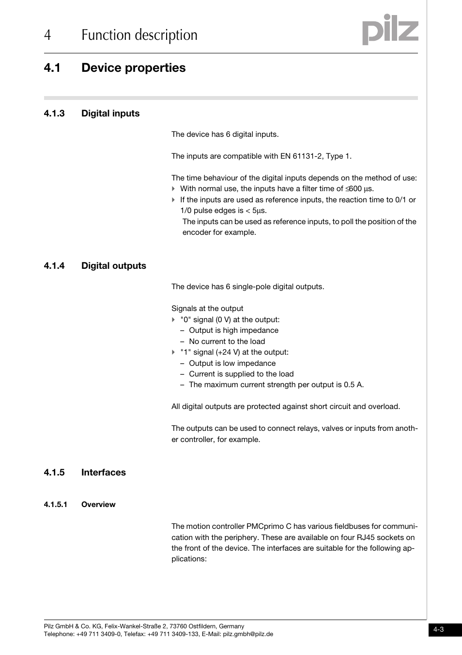 Digital inputs, Digital outputs, Interfaces | Overview, 4function description, 1 device properties, 3 digital inputs, 4 digital outputs, 5 interfaces | Pilz PMCprimo DriveP.01/AA0/4/0/0/208-480VAC User Manual | Page 21 / 73