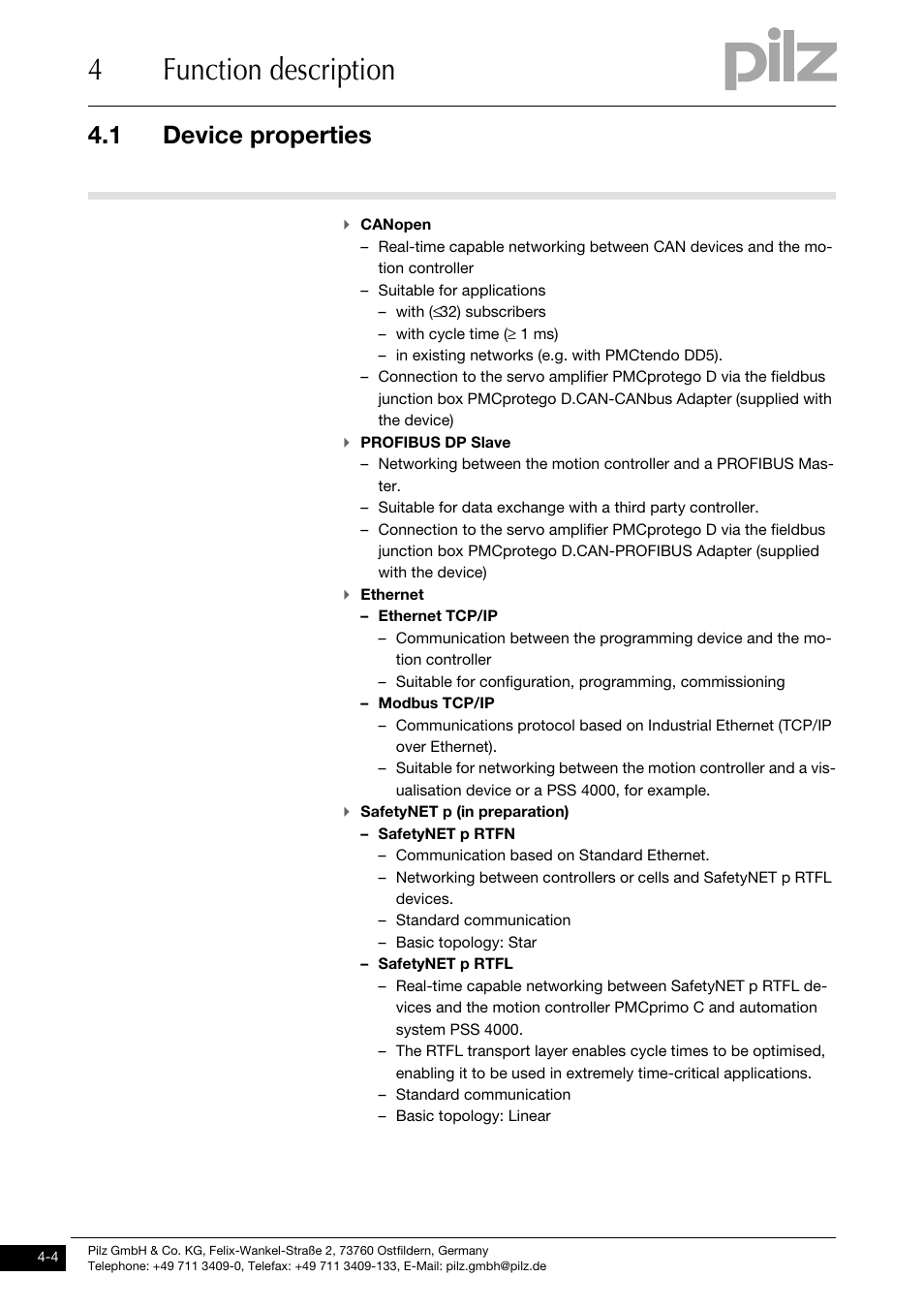 4function description, 1 device properties | Pilz PMCprimo DriveP.01/AA0/4/0/0/208-480VAC User Manual | Page 22 / 73