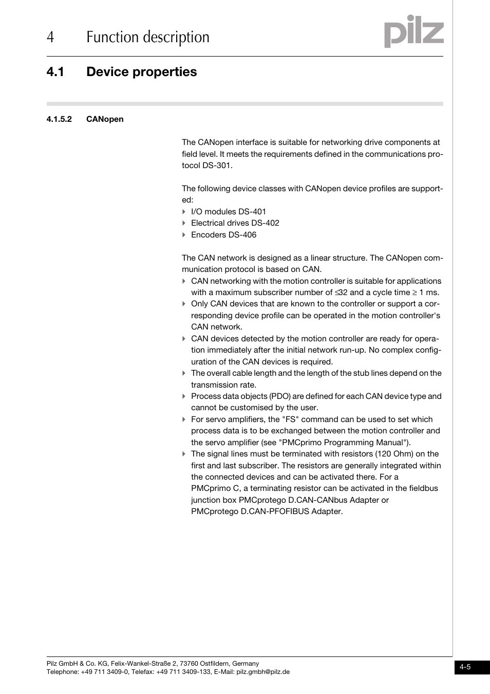 Canopen, 4function description, 1 device properties | Pilz PMCprimo DriveP.01/AA0/4/0/0/208-480VAC User Manual | Page 23 / 73