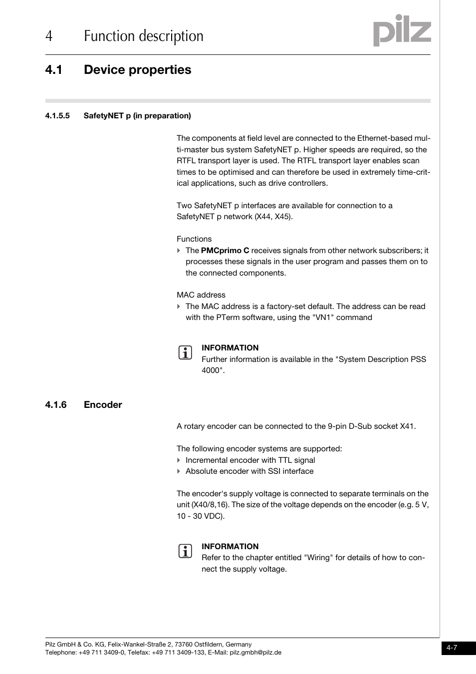 Safetynet p (in preparation), Encoder, 4function description | 1 device properties, 6 encoder | Pilz PMCprimo DriveP.01/AA0/4/0/0/208-480VAC User Manual | Page 25 / 73